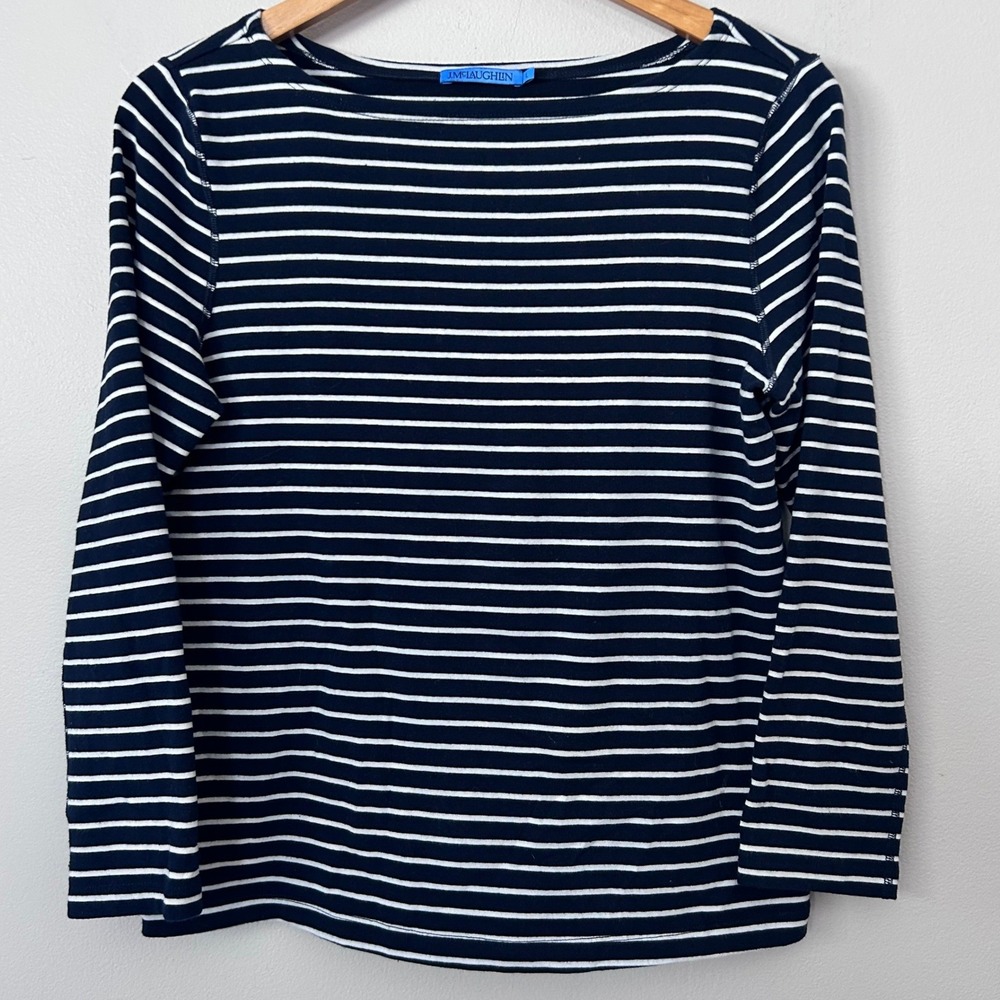 J.McLaughlin Top Womens Large Navy White Striped Boat Neck Stretch Coastal Shirt